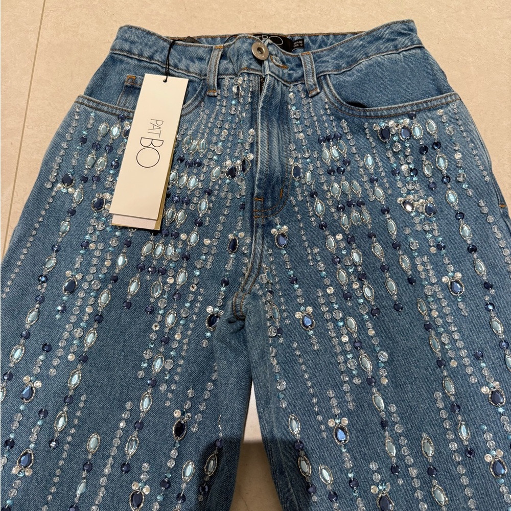PatBO Hand-Beaded Straight Leg Jeans, Size 0